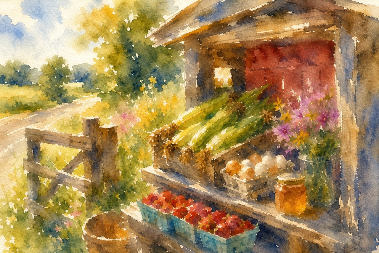 Watercolour illustration of a roadside stand